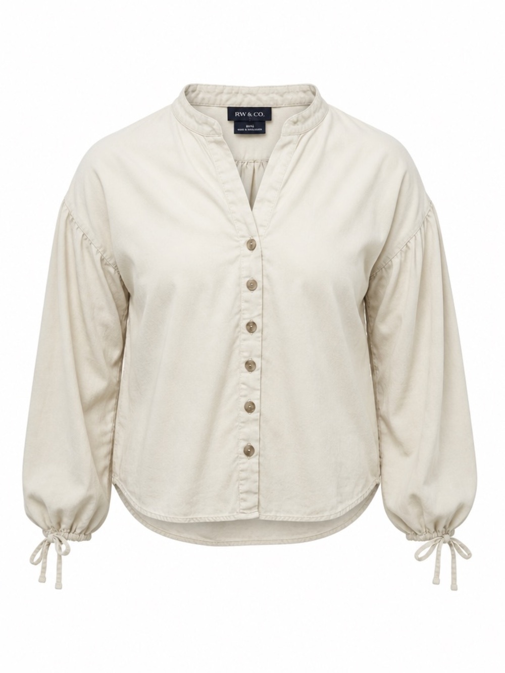 RW&CO. Cream Balloon Sleeve Blouse V-Neck Button Up Boho Casual Top Size Medium